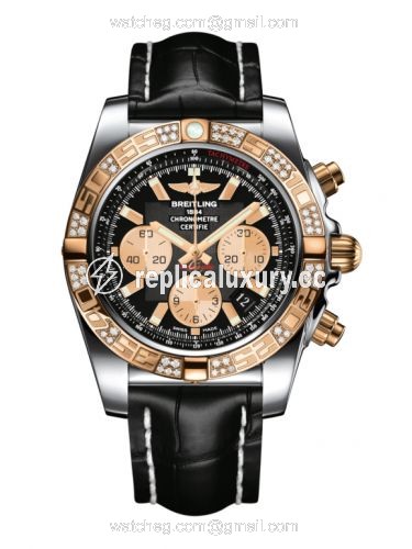 Breitling Chronomat 44 Stainless Steel / Rose Gold / Diamond / Onyx Black / Croco CB0110AA.B968.743P|