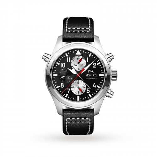 IWC Pilot's Watch Double Chronograph Stainless Steel / Black-Silver / Calf / Watches of Switzerland IW3718-13