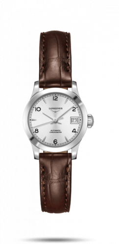 Longines Record 26mm Stainless Steel / Silver-Arabic / Alligator L2.320.4.76.2