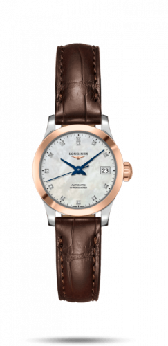 Longines Record 26mm Stainless Steel / Pink Gold / MOP-Diamond / Alligator L2.320.5.87.2