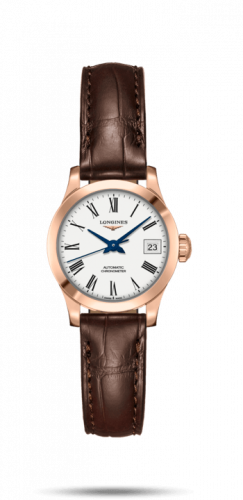 Longines Record 26mm Stainless Pink Gold / White-Roman / Alligator L2.320.8.11.2