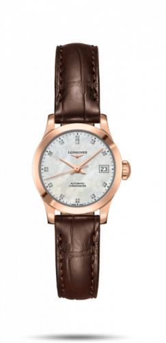 Longines Record 26mm Stainless Pink Gold / MOP-Diamond / Alligator L2.320.8.87.2