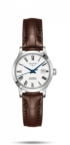 Longines Record 30mm Stainless Steel / White-Roman / Alligator L2.321.4.11.2