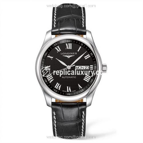 Longines Master Collection 38.5 Day Date Stainless Steel / Black-Roman / Alligator L2.755.4.51.8