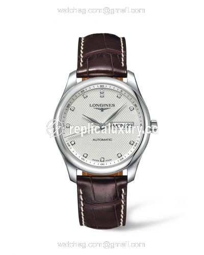 Longines Master Collection 38.5 Day Date Stainless Steel / Silver-Diamond / Alligator XL L2.755.4.77.5