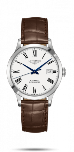 Longines Record 38.5mm Stainless Steel / White-Roman / Alligator L2.820.4.11.2