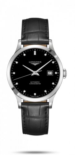 Longines Record 38.5mm Stainless Steel / Black-Diamond / Alligator L2.820.4.57.2