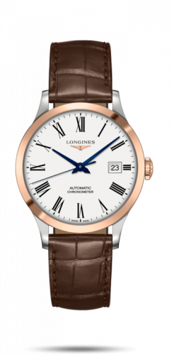 Longines Record 38.5mm Stainless Steel / Pink Gold / White-Roman / Alligator L2.820.5.11.2