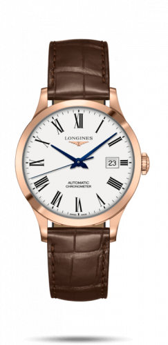 Longines Record 38.5mm Pink Gold / White-Roman / Alligator L2.820.8.11.2