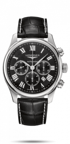 Longines Master Collection 44 Chronograph Stainless Steel / Black-Roman / Alligator XL L2.859.4.51.8