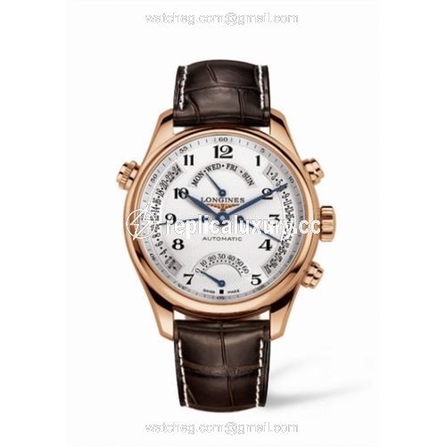 Longines Master Collection 44 Retrograde Pink Gold / Silver-Arabic / Alligator L2.717.8.78.3