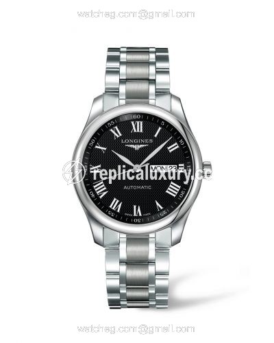 Longines Master Collection 38.5 Day Date Stainless Steel / Black-Roman / Bracelet L2.755.4.51.6