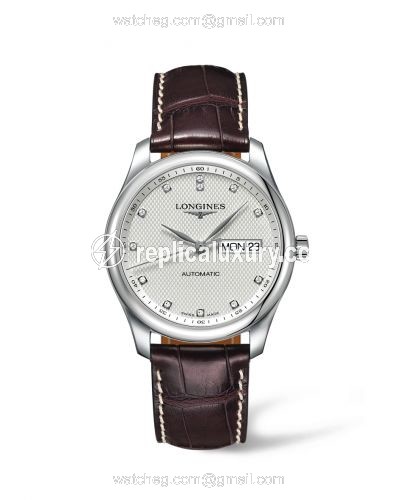 Longines Master Collection 38.5 Day Date Stainless Steel / Silver-Diamond / Alligator L2.755.4.77.3