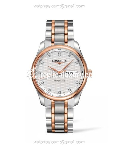 Longines Master Collection 38.5 Day Date Stainless Steel / Pink Gold / Silver-Diamond / Bracelet L2.755.5.97.7
