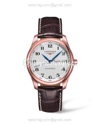 Longines Master Collection 38.5 Day Date Pink Gold / Silver-Arabic / Alligator L2.755.8.78.3