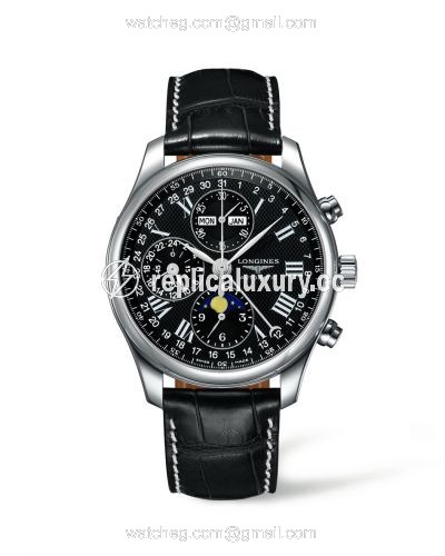 Longines Master Collection 42 Chronograph Calendar Stainless Steel / Black-Roman / Alligator L2.773.4.51.7