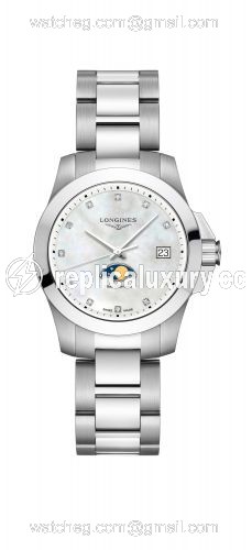 Longines Conquest 34 Quartz Moonphase Stainless Steel / MOP / Bracelet L3.381.4.87.6