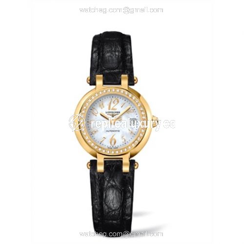 Longines PrimaLuna Automatic 26.5 Yellow Gold Diamond Leather Funky MOP L8.111.7.83.2