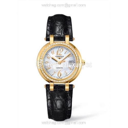 Longines PrimaLuna Automatic 30 Yellow Gold Diamond Leather Funky MOP L8.113.7.83.2