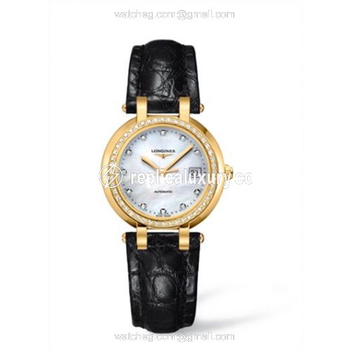 Longines PrimaLuna Automatic 30 Yellow Gold Diamond Leather MOP L8.113.7.87.2
