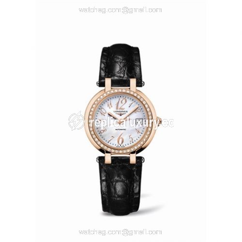 Longines PrimaLuna Automatic 30 Pink Gold Diamond Leather Funky MOP L8.113.9.83.2