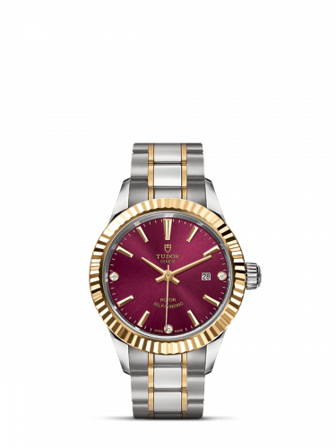 Tudor Style 28 Stainless Steel / Yellow Gold / Fluted / Burgundy-Diamond / Bracelet M12113-0015