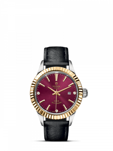 Tudor Style 28 Stainless Steel / Yellow Gold / Fluted / Burgundy-Diamond / Strap M12113-0026