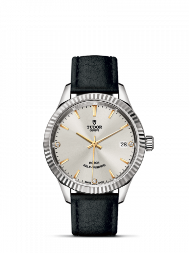 Tudor Style 34 Stainless Steel / Fluted / Silver-Diamond / Strap M12310-0026
