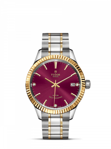 Tudor Style 34 Stainless Steel / Yellow Gold / Fluted / Burgundy-Diamond / Bracelet M12313-0015