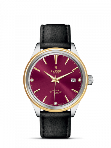 Tudor Style 38 Stainless Steel / Yellow Gold / Burgundy-Diamond / Strap M12503-0016
