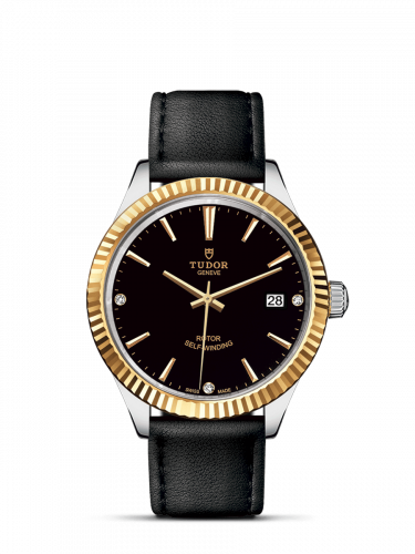 Tudor Style 38 Stainless Steel / Yellow Gold / Fluted / Black-Diamond / Strap M12513-0022