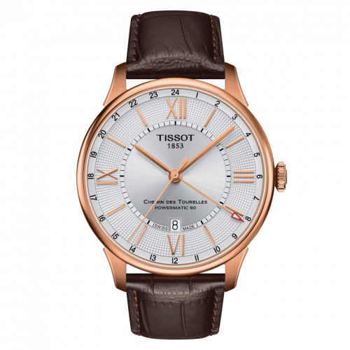 Tissot Chemin Des Tourelles Powermatic 80 GMT 42 Rose Gold PVD / Silver / Strap T099.429.36.038.00